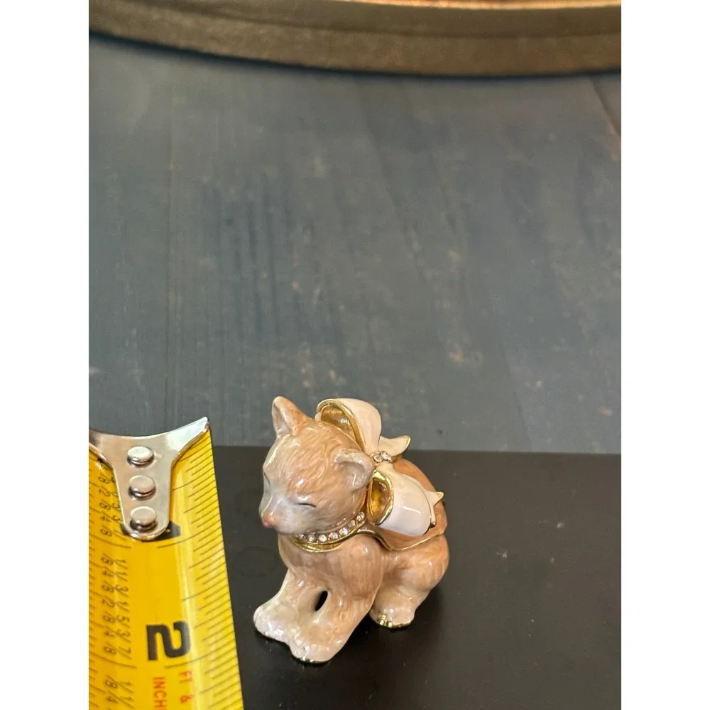 Enamel Ginger Cat Trinket Box Hinged Jewelry Holder with White Bow Rhinestone